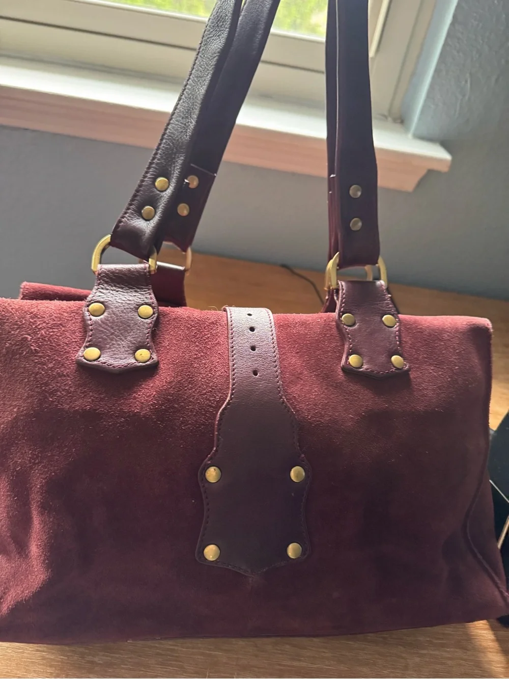 Burgundy Suede & Leather Satchel Tote with Gold Hardware